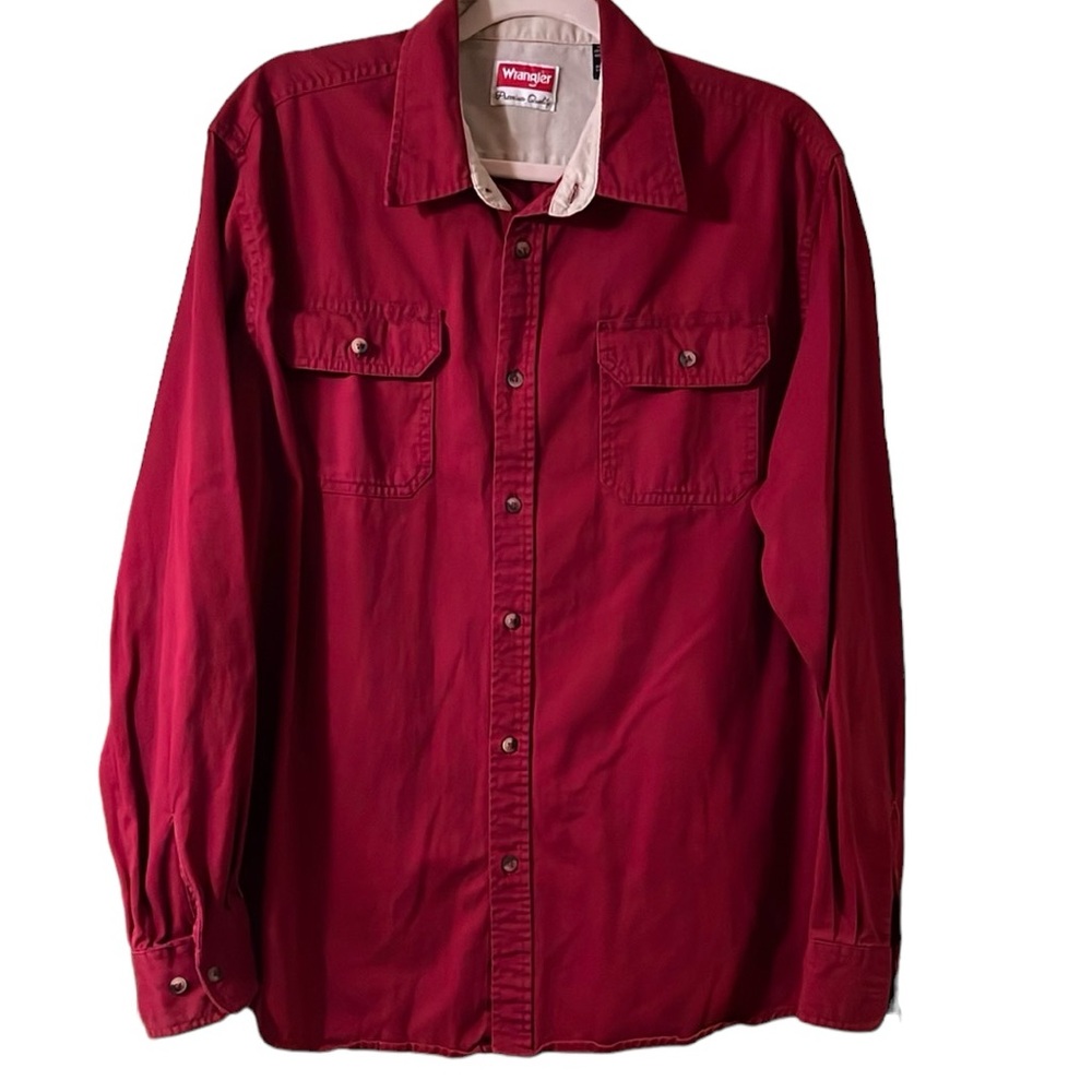 Wrangler Men's Long Sleeve Button Shirt Outdoor 100% Cotton Orange Maroon Large.